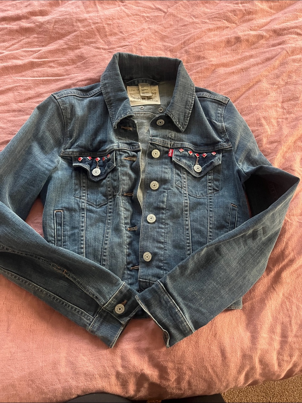 Levi's womens Blue Denim Jacket with red jewled Accents